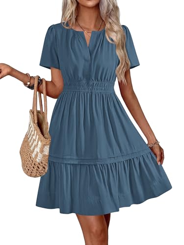 BTFBM Summer Dresses for Women 2026 Casual Boho Sundress Short Sleeve V Neck Ruffle A Line Beach Vacation Mini Dress(Grey Blue, Small)