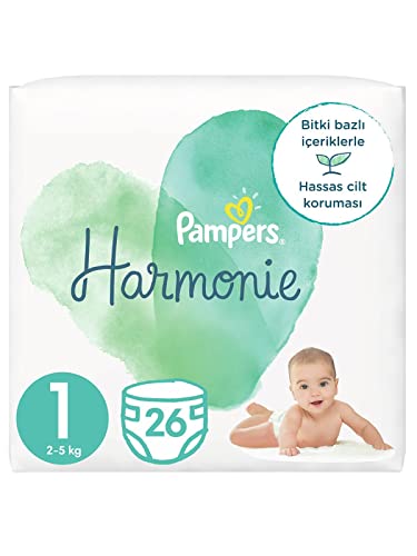 Pampers Lot de 26 couches pour bébé Taille 1 (2 à 5 kg) Harmonie Sac de transport, protection douce de la peau et ingrédients à base de plantes