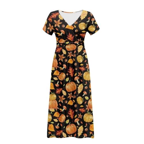 Image of Women's Fall Summer Short Sleeve Ankle Length V-Neck Party Dress with Pockets Size S-3XL