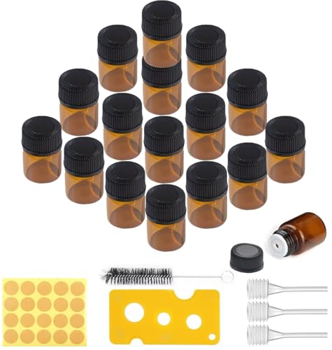 Amazleer 100 Stück Mini Braunglas Glasflaschen 1ML mit Tropfer, Reinigungsbürste, Perlenschneider und Aufklebern Mini Braune Leere Glasflaschen für Ätherisches Öl, Spa, Massage (100PCSBROWN)