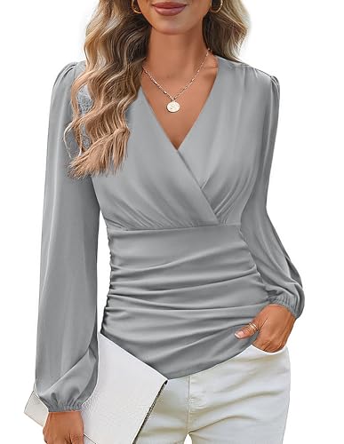 GRACE KARIN Long Sleeve Blouses for Women Dressy Casual, Wrap Tops Work Shirts, 2026 Spring Business Outfits Light Grey M