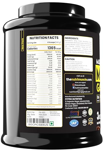 Nutrimuscle Massive Muscle Mass Gainer - 3 Kgs - Choco Treat (Chocolate) Flavour - for Mass, Muscle, Power & Strength Gain - Contains Complex Carbohydrates, Whey Protein, BCAA , Digestive Enzymes & Essential Vitamins & Minerals - Also Contains Nutrimuscle CREATINE MONOHYDRATE - High protein Gainer