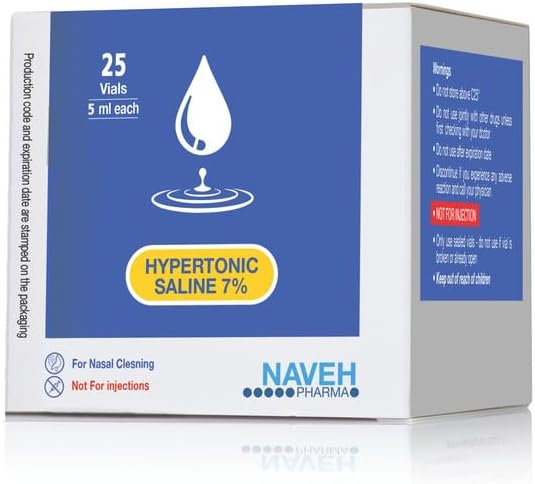 NAVEH PHARMA Solución salina 7% en ampollas de 0.2 fl oz (0.17 fl oz), 25 unidades por caja. Se puede utilizar para hidratación nasal y otros usos.