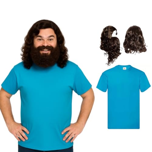 Steve Inspired Costume Outfit - Mine Explorer Costume Set for Adults - Wig Beard and Light Blue Top - Halloween Fancy Dress Gamer Cosplay Video Game Costume Small