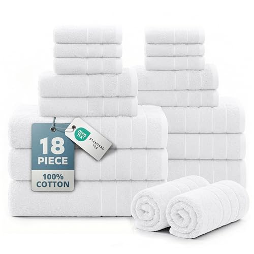 CASA PLATINO 100% Cotton Bath Towel Set 18 Pc - Super Soft, Absorbent & Quick Dry - 6 Bath, 6 Washcloths, 6 Hand Towels for Bathroom - Hotel Quality Turkish Towels, Ideal for Spa, Gym & Travel - White