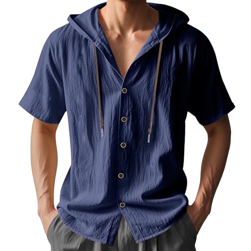 Sudadera con capucha de manga corta para hombre, estilo casual, hawaiano, para playa, ligera, con capucha, azul marino, XXL