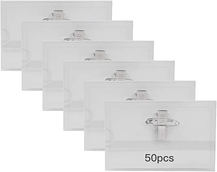 50 PCS Name Badges with Crocodile Clip and Safety Pin, Clear Badges with Pins for ID Cards, School, Colleges, Offices, Corporate Events, Conferences