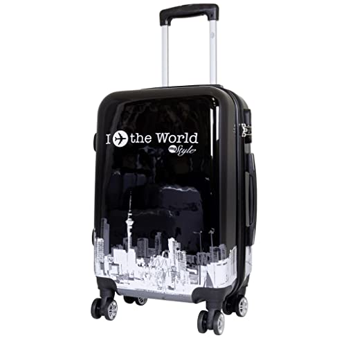 Trendyshop365 Handgepäckkoffer Motiv Flugzeug mit Skyline 58 cm 46 Liter 4 Räder Schwarz Zahlenschloss