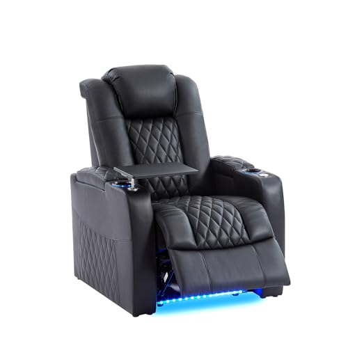 comfiroom Leather Home Theater Seating, Classic Series Game Seats Movie Theater Chairs Recliner Sofa with Type-C USB Charger Port, Bedroom Sofa Chair for Living Room (Black, Row of 1)