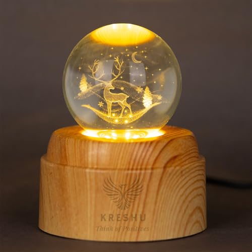 Image of KRESHU Deer 3D Crystal Rotating Glass Ball Dimmable Warm LED Light Wooden Stand Luminous USB Cable Decoration Night Lights for Art Home Decoration Birthday Gift (Pack of 1)