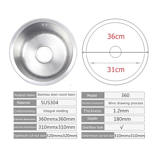 Évier de cuisine moderne inox rond 32 cm cuve intégrée