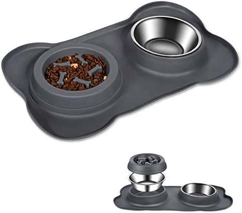 OASTRO Dog Bowls - Slow Feeder, Food and Water Bowls with Non-Spill Non-Skid Silicone Mat Anti-Choking Stainless Steel Dog Dishes for Kittens, Cats, Toy Breed Miniature Dog(Grey)