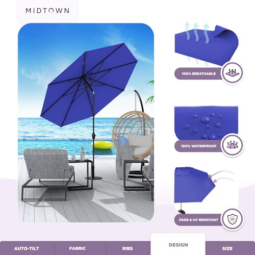 Image of Midtown Umbrellas - 10-Year-No-Fade 10 Ft Patio Umbrella with Terylast Fabric, Auto-Tilt Aluminum Frame and 8 Reinforced Ribs for Deck, Pool, Garden & Beach - Royal Blue Canopy, Black Pole
