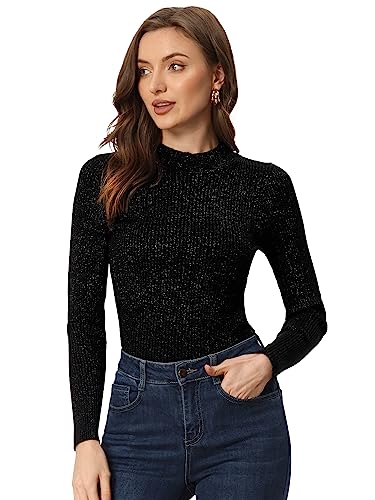 Allegra K Women's Long Sleeve Glitter Tops Mock Neck Ribbed Knit Top Slim Fit Basic Pullover Sweater Top