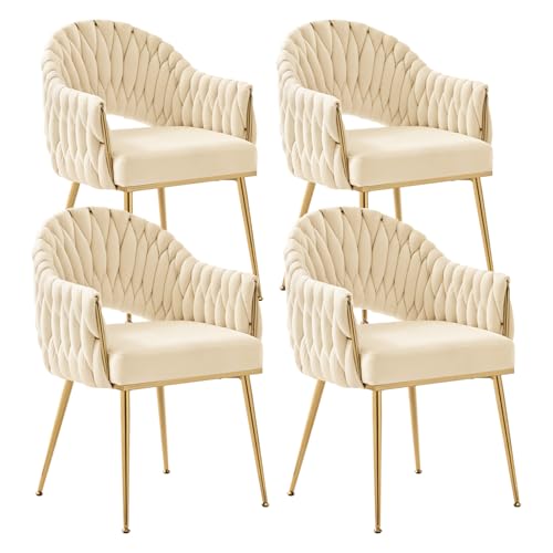 SUPPNEED Samt Esszimmerstühle 4er Set, Sessel Wohnzimmer, Stühle Esszimmer mit Armlehne, Küchenstühle mit handgeflochtenen Hochlehner, Schminktisch Stuhl mit Gold Beine, Balkonstuhl(4, Weiß)
