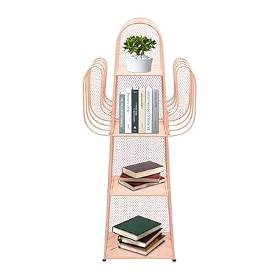 lxrnqcey 4-Tier Ladder Bookshelves Freestanding, Pink Iron Cactus Bookcase Storage Organizer, Small Space Creative Book Storage Shelf Organizer, Industrial Bookcase for Home Office