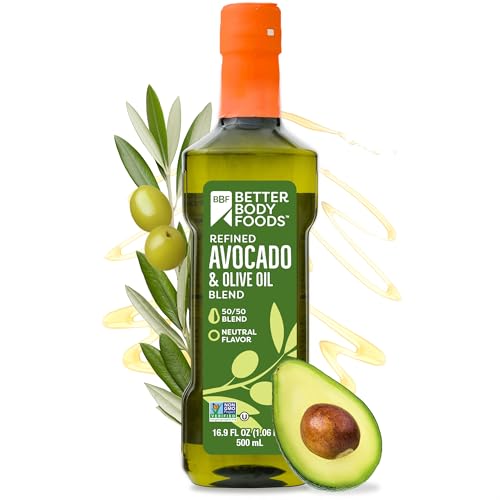 BetterBody Foods Refined Avocado Olive Oil 50/50 Blend, Non-GMO Cooking Oil, Gluten Free, Kosher, Frying, Baking, 500 mL, 16.9 Fl Oz