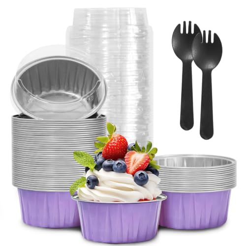 50Pcs Mini Aluminum Foil Cupcake,5oz Light Purple Baking Cups with Lids