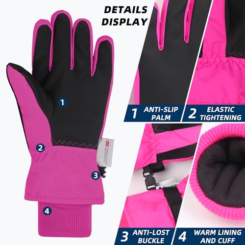 AMYIPO Kids Winter Snow Ski Gloves Children Snowboard Gloves for Boys Girls (B - Rose, 6-8 Years)