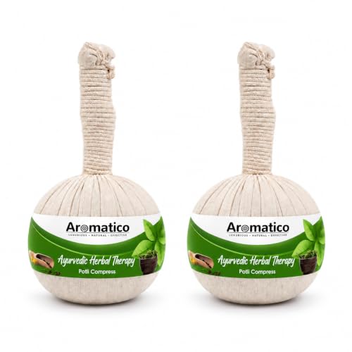 Image of AROMATICO Ayurvedic Herbal Potli with 17 ancient herbs. Helps with Pain Relief, Post-Workout Recovery & Muscle Relaxation. For Men & Women. 200gm Pack of 2