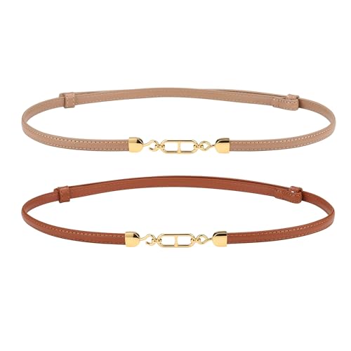 CHIC DIARY 2 cinturones de cintura estrechos modernos decorativos para mujer, cinturón de piel para vestido, vaqueros, Color de pelo de camello+caqui, Talla única