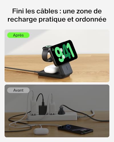 Belkin UltraCharge Chargeur Induction 3 en 1 Qi2, Station de Charge Magnétique 25W, Chargeur sans Fil avec MagSafe pour iPhone 17, iPhone Air, Apple Watch, AirPods, Pixelsnap avec Chargeur 45W, Noir