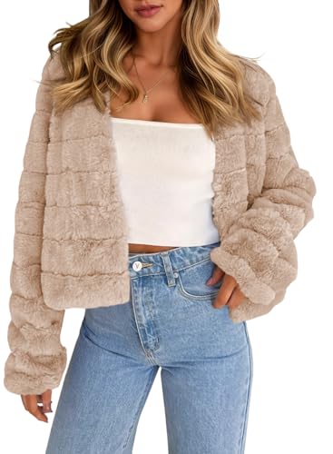 Fisoew Womens Cropped Faux Fur Jackets Long Sleeve Open Front Fluffy Short Coats