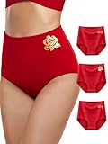 MEIYATING Cotton Red Underwear Women Postpartum Muffin Top High Waisted Panties Tummy Control Ladies 3 Packs (Red,L)