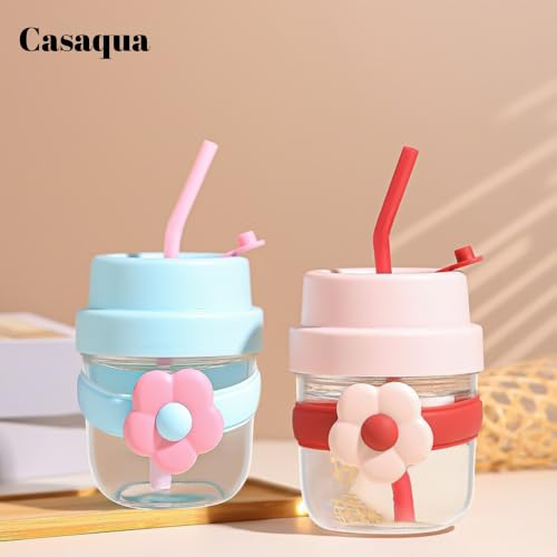 Image of Glass Tumbler with Straw & Lid -300ml, Set of 1, Reusable Glass Sipper Cup with Silicone Flower Sleeve, BPA-Free Drinking Cup for Iced Coffee, Juice, Smoothies, Milk, Water (Random Color)