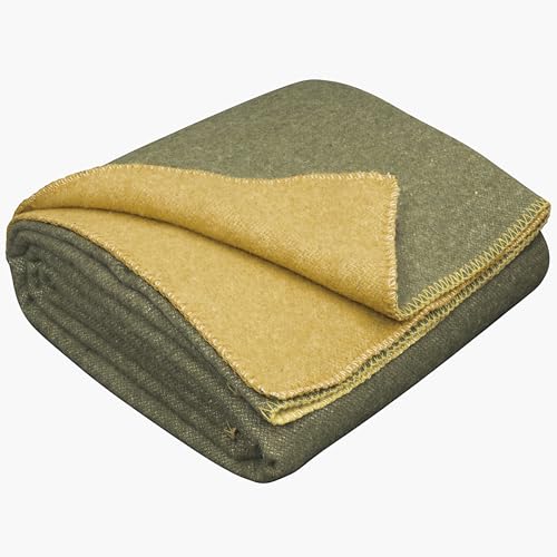 LYHome Manta Lana Merino - Plaid de Lana de Oveja para Viaje Militar Camping, Cubre para Sofa Cama, Mantas Sofas, Cobijas Calientes Invierno Verano (150 x 215 cm, Mostaza - Verde Oliva Doble-Cara)