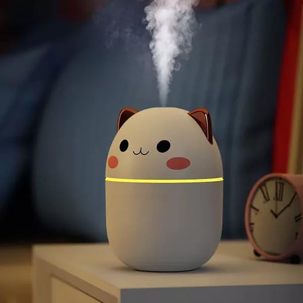 Humidificador Portátil Mini Forma Gato - Difusor de Aceites esenciales para oficina, hogar o escritorio - Alimentación USB, Silencioso y LED suave - 250ml - Rosa