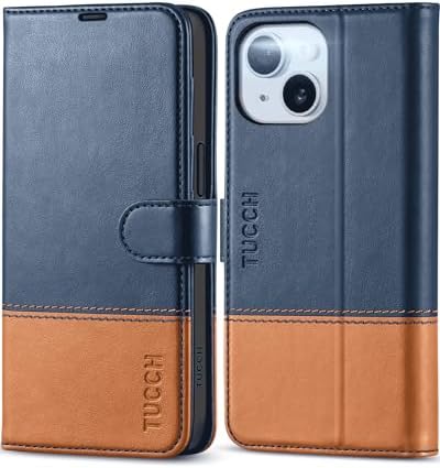 TUCCH Wallet Case for iPhone 15 (6.1") 2023, Magnetic Protective PU Leather Flip Folio Cover with [RFID Blocking][Credit Card Holders]Viewing Stand[Shockproof TPU]Compatible with iPhone 15, Lake Blue
