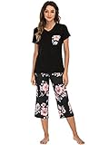 Famulily Damen Schlafanzug Kurz Sommer Pyjama Set Dreiviertel Damen Baumwolle Hausanzug Kurzarm Top Und Hose,Schwarz,M