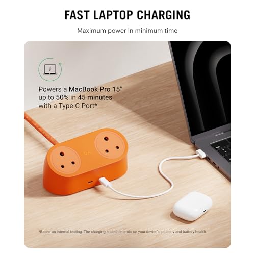 Image of DailyObjects Loft Charging Station - 2 Type-C Ports - 65W, 2 Type-D Ports - 2500W, 5ft Long Cable, Compatible with All Devices, Supports Laptop Charging for Office, Home Appliances, GaN5 - Orange