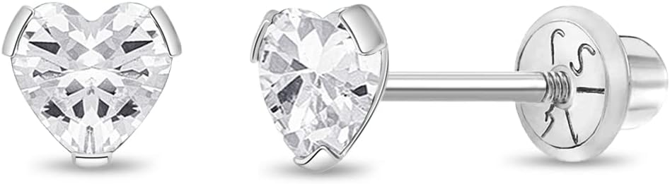 In Season Jewelry CZ Simulated Birthstone Heart Kids Earrings - 14k White Gold Earrings for Girls with Safety Screw Backs - Safe & Comfortable for Toddlers, Kids & Little Girls