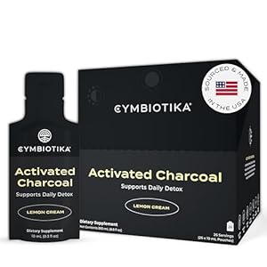 CYMBIOTIKA Activated Charcoal Liquid Supplement with Vitamin E, Gut Health & Digestive Support for Adults, Helps Cleanse, Detox, Support Gas, Bloating, Lemon Cream Flavor, Vegan, 10ml Pouches, 26 Pack
