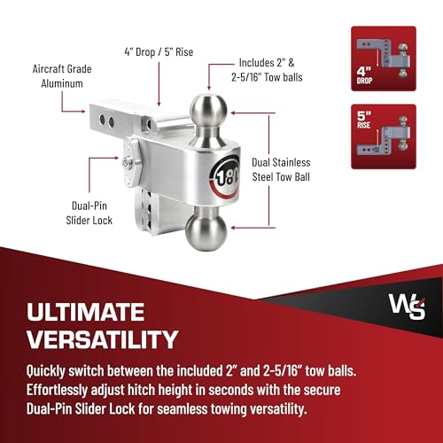Weigh Safe Adjustable Trailer Hitch Ball Mount - 4" Adjustable Drop Hitch for 2.5" Receiver - Premium Heavy Duty Aluminum Trailer Tow Hitch w/ Stainless Steel Tow Balls (2" & 2 5/16") - 18,500 lbs GTW by Weigh Safe - Image 4