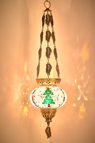 DEMMEX Turkish Moroccan Colorful Mosaic Christmas Theme Holidays Hanging Candle Holder Lantern with Handmade Colorful Mosaic Glass Globe and Metal Leaf Chains, 24" (Xmas 2024)