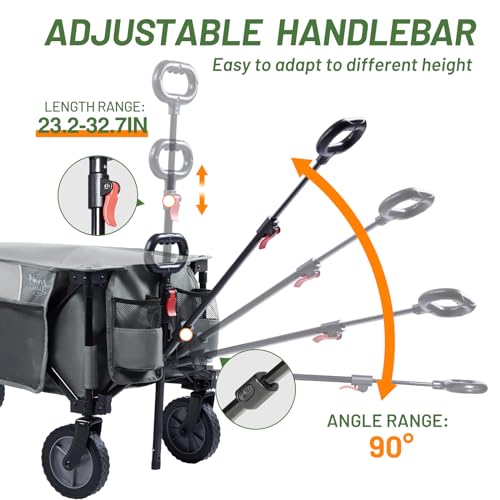 TIMBER RIDGE Collapsible Folding Wagon Cart with Tailgate, 300lbs Heavy Duty Foldable Utility Wagon with Adjustable Handle, 200L Capacity Portable Cart for Outdoor Camping Sports Shopping, Gray - Image 6