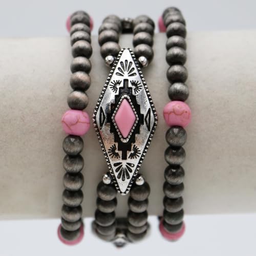 Rosemarie & Jubalee Western Navajo Beaded Stretch Bracelets Silver and Pink Howlite Stone Set of 32