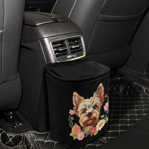 Image of Talayituse Yorkshire Daisy Print Car Trash Bin, Large Size Auto Trash Can Adjustable Portable Garbage Can with Lid, Vehicle Hanging Bag for Headrest Front Back Seat