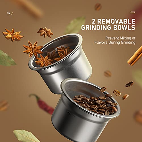 Coffee Grinder Electric With 2 Removable Stainless Steel Bowls, 200W Coffee Spice Grinder Electric, Coffee Bean Grinder With One-Touch Button For Coffee, Grain, Spice, Brown, 60G, (Md-8300A) #TOP1
