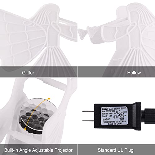 Christmas Angel Tree Topper With Built-In Led Snowflake Projector Lights Hollowed Pentagram Tree Top With White Spangles Plated Plug In For Indoor Outdoor Christmas Decorations, White #TOP4