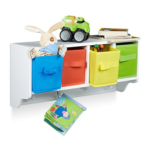 Relaxdays Kinder Wandregal ALBUS, Wandgarderobe mit 4 Kleiderhaken, Kinderregal mit 4 bunte Faltboxen, HBT: ca. 28 x 61 x 16...