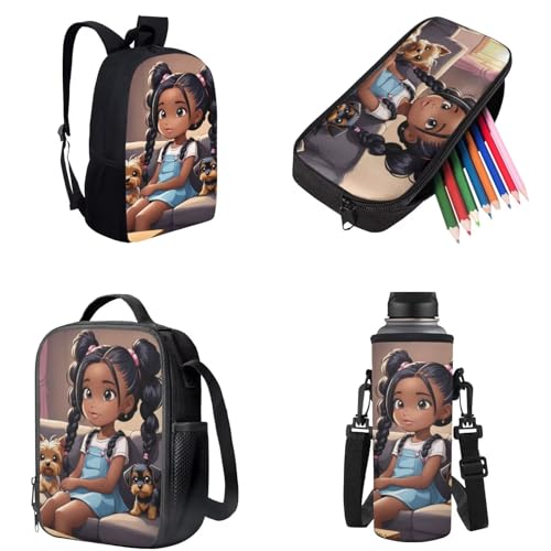 African Black Backpack and Lunch Bag Set for Girls Primary/Kindergarten Bookbag Lunch Box Pencil Pen Case Book Bag Lunchbox Water Bottle Holder3