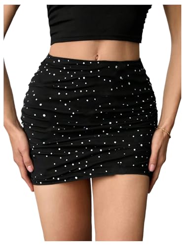 SweatyRocks Women's Sequin Mesh Mini Skirt High Waist Ruched Bodycon Skirts