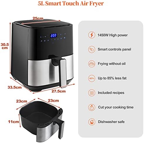 CLIPOP Digital Air Fryer for Home Use with Rapid Air Circulation, 5L XL Oil Free Air Fryers, 8 Preset, Timer & Temperature Control, LED One Touch Screen, Nonstick Basket, Dishwasher Safe, 1450W