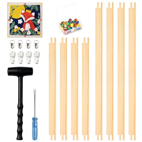 8 Pcs Needlepoint Stretcher Bars &ndash; Wooden Bars for Needlework, 2 Sizes (12/16 Inch) Frame with 100 Tacks, Hooks, Hammer & Flathead Screwdriver for Cross Stitch, Embroidery & Canvas Crafts