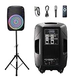 TUMAN Pro Portable 15-Inch PA Speaker System DJ Amplified Loud Speaker with Stand Bluetooth/USB/SD Card Reader/FM Radio/Remote Control/LED Light, Good for Churches, Bands, Parties