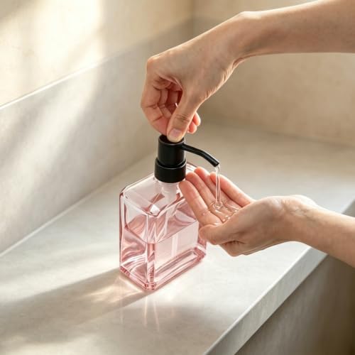 Image of Soap Dispenser Pink Rectangular, Oil Rubbed Bronze Pump, 13.5 oz | Glass Bottle, Rust Proof Stainless Steel Pump, Refillable, Hand Soap, Liquild Soap, Dish Soap, Bathroom, Kitchen